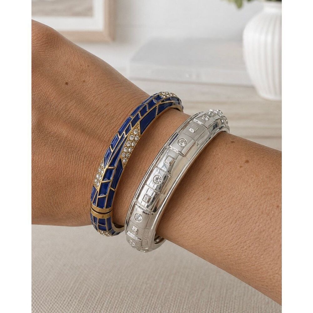 2 Sequin NYC Hinged Bangles – Navy Enamel, Crystal, Metal Pair